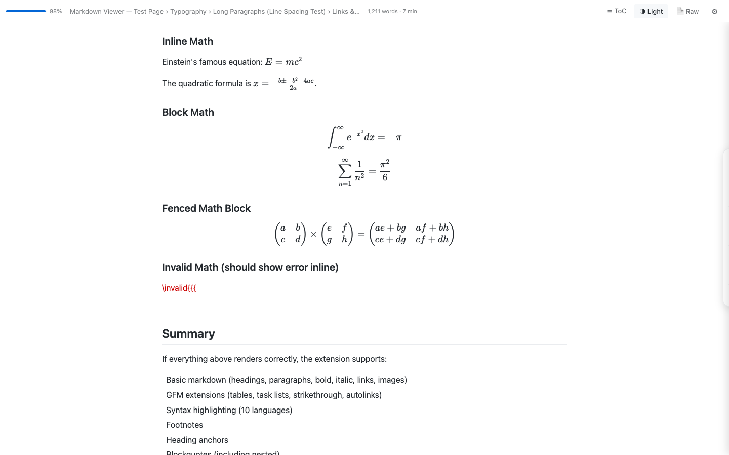 MarkLens rendering KaTeX math equations